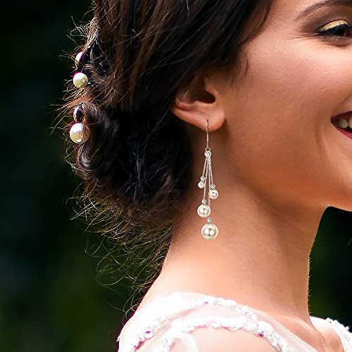 EleQueen Women's Silver-tone Crystal Simulated Pearl 4 Chain Bridal Long Dangle Hook Earrings Ivory Color3