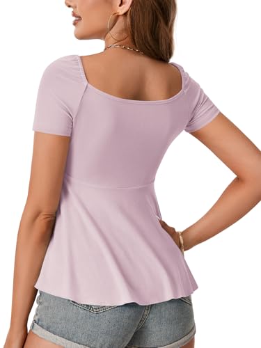 Image of Rooscier Women's Ribbed Knit Sweetheart Neck Tops Cute Drawstring Ruffle Short Sleeve T Shirts