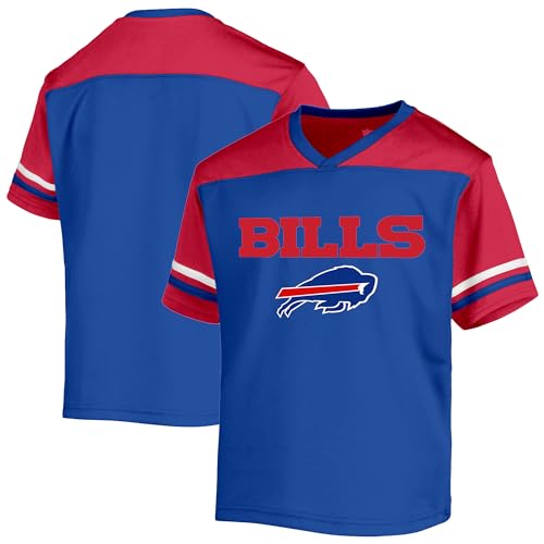 NFL Kids Youth 8-20 Officially Licensed Team Color Wordmark Primary Logo Victory Stripe V-Neck Jersey T-Shirt (Buffalo Bills Blue 14-16)