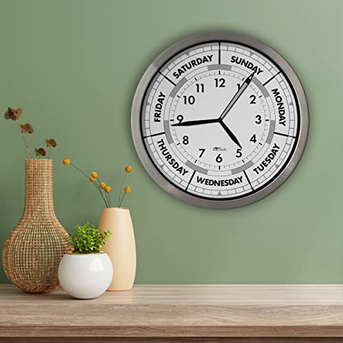 Dayclocks Time & Week-Day Wall Clock With Solid Aluminum Frame – Weekly Analog Clock With Days, Hours & Minutes – Quiet Wall Mounted Clock - Ideal Retirement Gift For Men & Women, Aluminium, 12" #TOP2