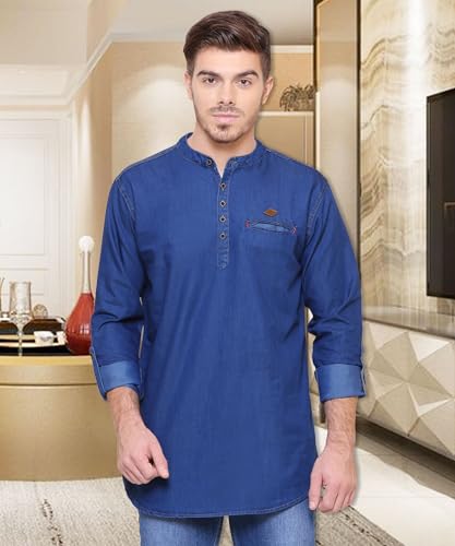 Image of Kuons Avenue Men's Denim Casual Short Kurta | Mandarin Collar | Full Sleeves | Tailored Fit- Stylish Ethnic Wear