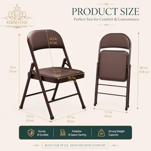 Image of KRISHTHA Metal Folding Chair with Soft Cushioned Leatherette Seat | Foldable Chair for Home, Office, Study, Balcony, Kitchen & Restaurant | Space Saving Portable Steel Chair | Brown
