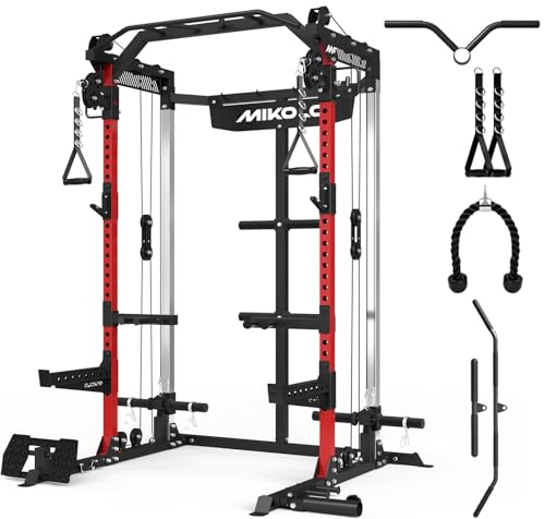 Mikolo Power Cage, 2000LB Power Rack with Independent Dual Pulley System, Multi-Function Home Gym Workout Machine for Cable Crossover (Red)