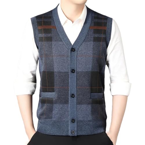 Men's Checkered Knit Sweater Vest Sleeveless Cardigan Button Up Warm Business Casual Outerwear