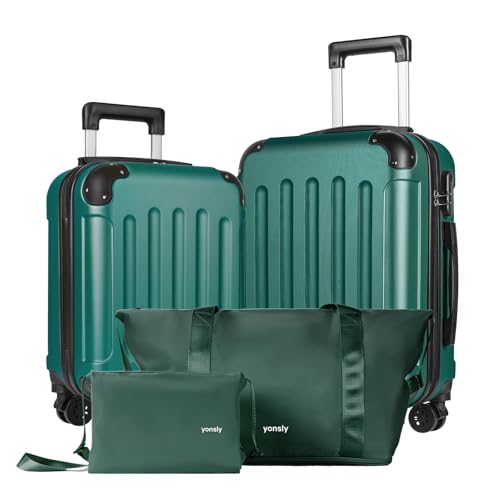 yonsly Reisekoffer Set 4-teilig, Trolley Kofferset mit 1 Reisetasche, 1 Kulturbeutel, Rollkoffer Handgepäck mit 4 Rollen, Hartschalen, Größe M mit Zahlenschloss, Gummigriff (S, M, Dunkelgrün)