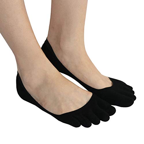 Five Finger Toe Socks for Women No Show Ultra Low Cut Liner,No Slip Cotton Invisible Hidden Socks for Flats Heels Boats (Black 6-13 US/Size)