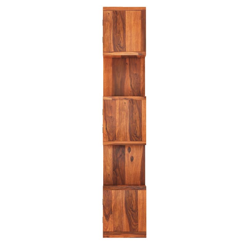 Image of Solid Sheesham Wood 5-Layer Ladder Bookshelf with Zig-Zag Design with 2 Open Shelves & 3 Rattan Wicker Door Storage | Display Cabinet Floor Standing Bookcase for Office, Library (Honey Finish)