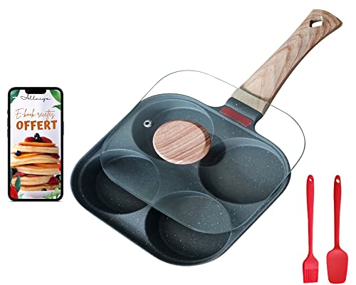 Poêle à pancakes induction antiadhésive avec Ebook OFFERT (à télécharger) – Poêle à 4 emplacements pour pancakes, omelettes, crêpes, œufs aux plats, blinis - avec Couvercle et ustensiles