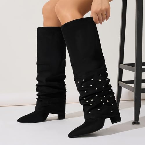 Women's Black Knee High Boots Wide Calf Pointed Toe Chunky High Heel Pull On Fold Over Shark Rivet Boots3