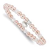 FB JEWELS Solid 925 Sterling Silver Heart Pink Shell Bead and Crystal 6 Inch Stretch Bracelet