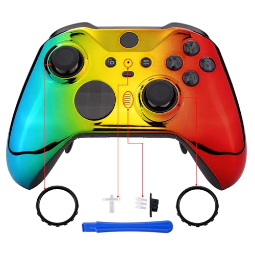 Image of eXtremeRate Tri-Color Gradient Glossy Faceplate Cover, Chrome Cyan Gold Red Replacement Front Housing Shell Case for Xbox One Elite Series 2, Elite 2 Core Controller Model 1797 - Accent Rings Included