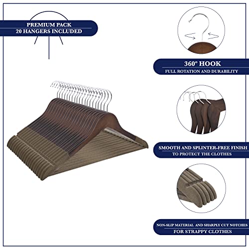 Samsarc Wooden Hanger - Suit Hangers For Men Non Slip - Luxury Natural Lotus Wood & Velvet Hangers For Hanging Pants, Suits, Dress & Skirts -360° Rotating Hook Hangers Wood - Wooden Hangers 20 Pack #TOP1