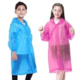 EOPUOZS 2PCS Impermeabile per Bambini, Mantella Antipioggia in EVA con Cappuccio, Poncho Impermeabile Riutilizzabile per Ragazzi Ragazze, per Campeggio Viaggio Attività (Blu + Rosa)