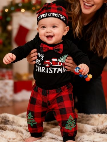 AMAWMW Newborn Baby Boy First Christmas Outfit My 1st Christmas Romper Red Plaid Pants Hat 3Pcs Clothes, Beige, 0-3Months - image 2