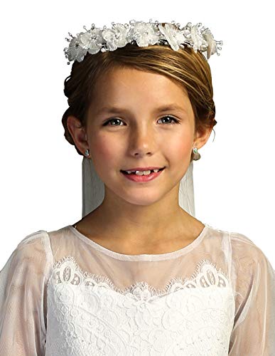 iGirlDress Girls First Communion White Floral and Pearls Wreath Crown Veil