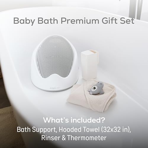 Image of Angelcare Baby Bath Support Bundle, Rinser, Thermometer & Towel, Gray | Soft-touch bath support, rinser, thermometer, and towel create a safe newborn bath routine with easy temperature monitoring.