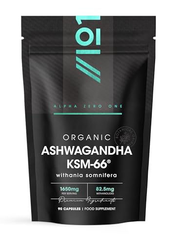 Organic Ashwagandha KSM-66® with BioPerine 1650mg – 90 Vegan Capsules – 5% Withanolides – Most Bioavailable Full-Spectrum Root Extract – Resealable and Recyclable Pouch by Alpha01