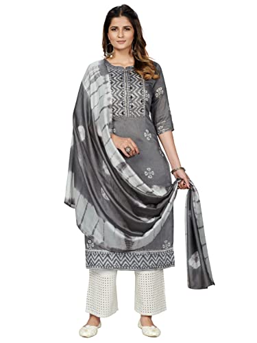 Image of Vbuyz Women's Printed & Embroidered Straight Cotton Stitched Kurta With Dupatta