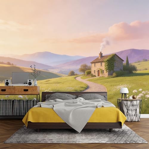 Custom Size 3D Printed Wall Mural， Farmhouse Countryside Cottage Pathway Mountain Landscape，SelfAdhesive Art Prints wall Fabric (No PVC) Removable Wallpaper for Home Decor