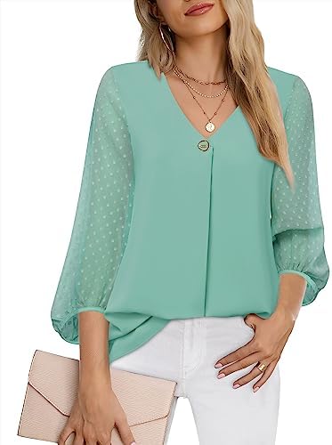 Bebonnie Womens Balloon Stylish 3/4 Sleeve Blouses & Button-Down Shirts Causal Loose V Neck Chiffon Silky Formal Shirt Blouses Top Dressy Tunic Shirts Beryl Green 3XL