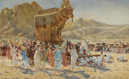 Cuadro al óleo de los israelitas bailando alrededor del becerro de oro de Motte, 60x90cm
