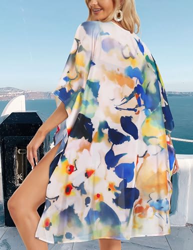 Image of Women's Kimono Swimsuit Coverups Summer Beach Loose Cardigans for Swimwear | CHICGAL Casual Open Front Chiffon Cover Up, 3 /4 Sleeve Lightweight Vacations Outfits 2026, Long Summer Resort Wear