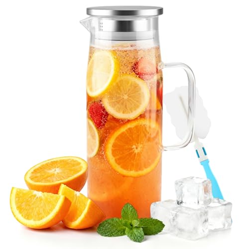 1,5 Litros Jarra de Agua de Cristal con Tapa, Jarra AguaTransparente y Resistente al Calor, Botella de Vidrio para Agua Fría y Caliente, Café y Zumo
