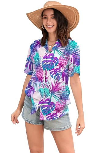 Image of SANGTREE Girls & Women's Hawaiian Shirts Button Down Short Sleeve Floral Tropical Shirt Beach Vacation Blouse Tops
