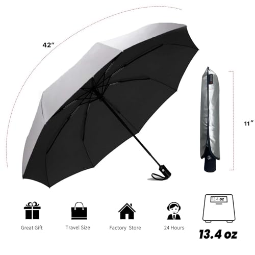 Image of SIEPASA Compact Travel Umbrella - Windproof Auto Open /Close, Small Folding Umbrella for Rain & Sun with UPF50+ - Lightweight Frame, Waterproof - Fits Backpack, Purse, Suitcase.(Silver /Black)