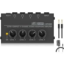 Headphone Amplifier, HA400 4-Channel Metal Stereo Audio Amplifier, Mini Earphone Splitter W/ & DC 12V Power Adapter, for Sound Mixer PC Guitar Studio Stage Black