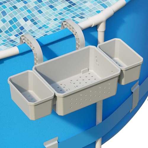 POOLHOUR [Patented] Poolside Storage Basket with 2 Cup Holders Stretchable Above Ground Pool Accessories Organizer Multifunctional Poolside Holder for Most Frame Pool Accessories (1Pack)
