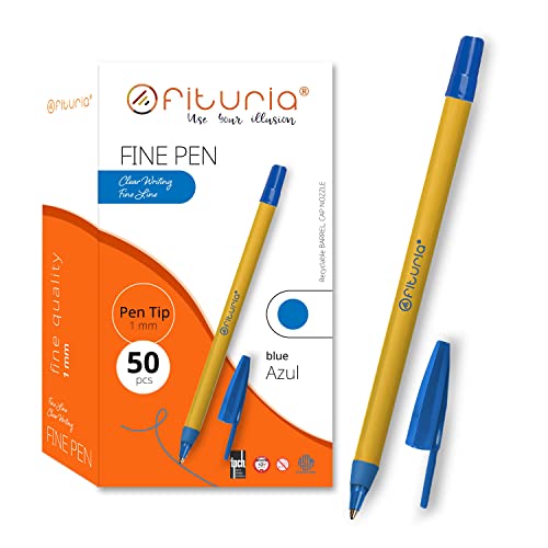 Bolígrafos de Punta Fina, Color Azul, Caja de 50 Unidades, Punta 1mm Precisión y Detalle, Ideal para Diferentes Entornos como la Oficina, el...