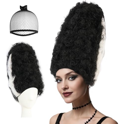 JoneTing Monster Bride Wig+Hair Cap White Black Curly Wig for Women Monster Bride Cosplay Wigs Curly White Black Beehive Hair for Women Costume for Halloween Christmas Theme Party Costume Outfit