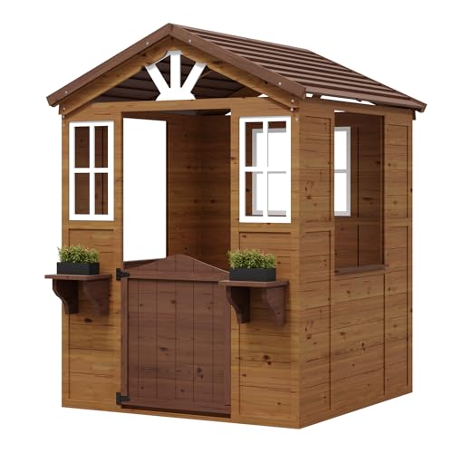 GarveeLife Cedar Wooden Kids Playhouse with Play Kitchen, Wooden Adventures Cottage for Backyard, Outdoor Toddler Playhouse for Kids with Vinyl Roof,