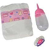 Das New Born Baby Pflegeset regt Kinder zum erweiterten Rollenspiel an und bringt zusätzlichen Spielspaß. Das Fläschchen kann mit Wasser befüllt werden und mit der zusätzlichen Windel und dem Schnuller können Puppen liebevoll von ihren Mamis umpflegt werden. - Lieferumfang: - Windel, Schnuller, und Flasche für 38-43cm Puppen - Altersempfehlung: für Kinder ab 3 Jahren geeignet - Material: Kunststoff - Gewicht: ca. 55 g - Achtung: Nicht für Kinder unter 3 Jahren geeignet.