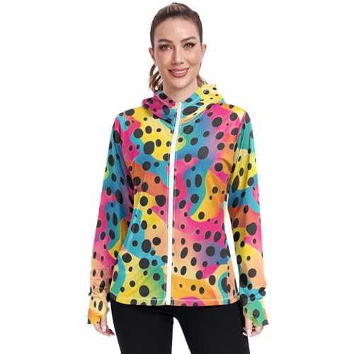 UMIRIKO Colorful Leopard Print Pattern Women's UPF 50+ Sun Protection Jacket Hoodie Rash Guard Shirt with Pockets M 202a3474