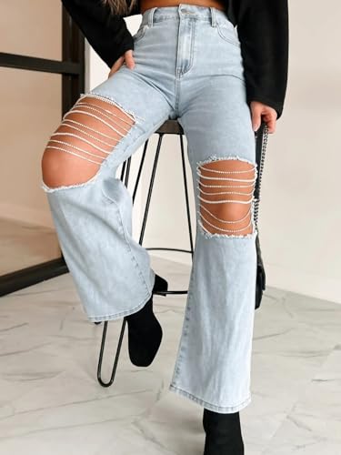 Womens Rhinestones Pearl Jeans Ripped Distressed Wide Leg Jean High Waisted Straight Denim Pants2