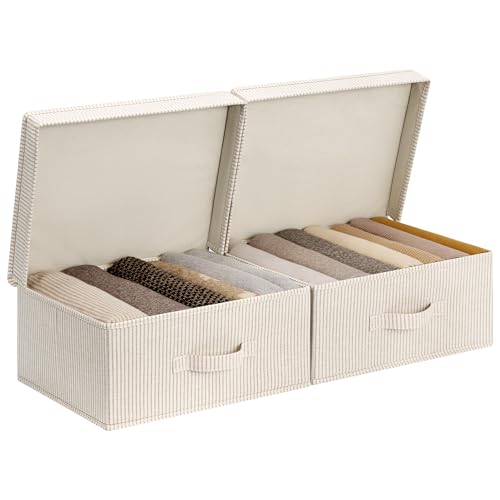 Image of StorageWorks Storage Bins with Lid, Decorative Fabric Storage Bins with Handles, Stackable Closet Organizers for Shelves and Bedroom, Small, Khaki and Beige Stripes, 2-Pack