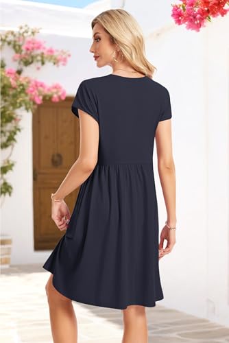 Image of AUSELILY Women's Summer Short Sleeve Knee-Length V Neck Dress with Pockets | V Neck,Cap Sleeve,Loose-Fit,Casual Dresses,2026 New