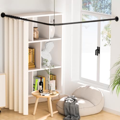 Image of Stretchable 304 Stainless L Shaped Bathroom Bathtub Corner Shower Curtain Rod Rack (Black 24 inch-69 inch x 24 inch-85 inch, Maximum size 114''), Drill Free Install, for Bathroom,Clothing Store,Private space