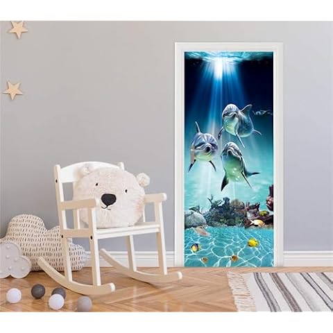 FLFK 3D Underwater Dolphins Door Sticker Cover