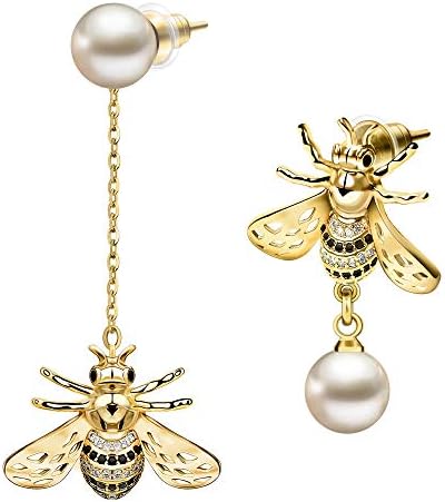 Gold Bee Asymmetrical Earrings Jewelry For Women Dangle Pearl Earrings with 16K Gold Plating Cubic Zirconia Earring