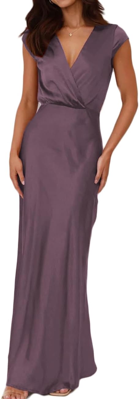 Summer Satin V Neck Wrap Maxi Dress for Women 2026 Elegant Silk Cap Sleeve Wedding Guest Dresses