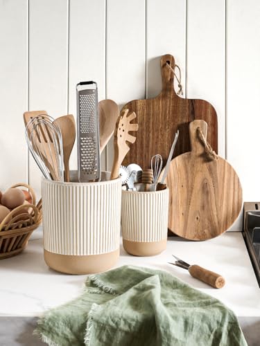 LE-TAUCI-Ceramic-Kitchen-Utensil-Holder-Set-of-2-6953-Large-Cooking-Utensil-Crock-Organizer-for-Spatula-Spoon-Whisk-Farmhouse-Countertop-Storage-Cream-Beige-Line