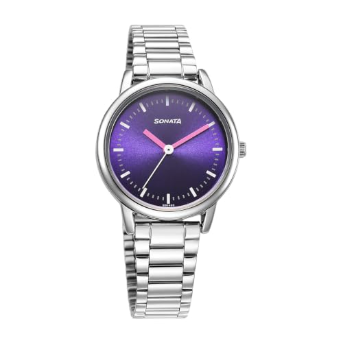 Image of Sonata Plain 3 Hands Metal Blue Round Dial Steel Colour Stainless Steel Strap Womens Watch - 8172SM03