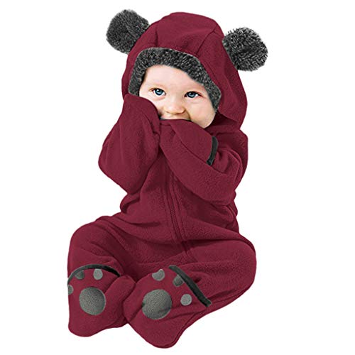 WOCACHI Baby Fleece Bear Ear Footies Footed Romper, Infant Toddler Baby Fluffy Bear Ears Hooded Oblique Zipper Jumpsuit Warm Playsuit Newborn Fuzzy Solid Color Snowsuits 2020 2020