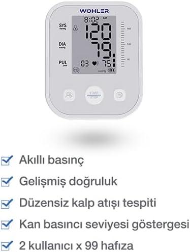 Wohler Digital Blood Pressure Monitor highlighting key features like smart pressure, advanced accuracy, irregular heartbeat detection, blood pressure level indicator, and 2 users x 99 memory.