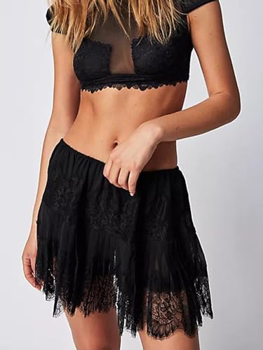 Women Y2K Lace Tiered Mini Skirt Summer Ruffled Pleated Lace Trim Half Slip Low Rise Flowy Short Skirts Underskir2