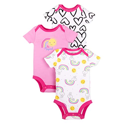 Lamaze Organic Baby Baby Girls Short Sleeve Cotton Bodysuit, Snap Closure, Pink and White Rainbows, 6 Months