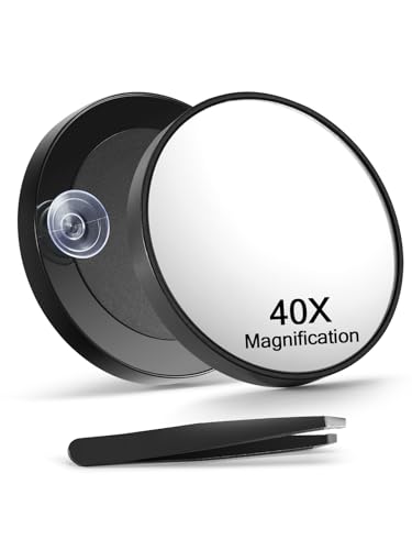 Macaki 40X Magnifying Mirror with 2 Suction Cups, 8.8cm Magnified Makeup Mirror and Slant Tweezers,Black,1PC